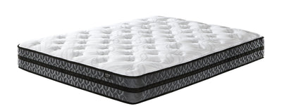 A 10 Inch Pocketed Hybrid - Mattress by Sierra Sleep® by Ashley with quilted white top and gray side panels isolated on a white background.