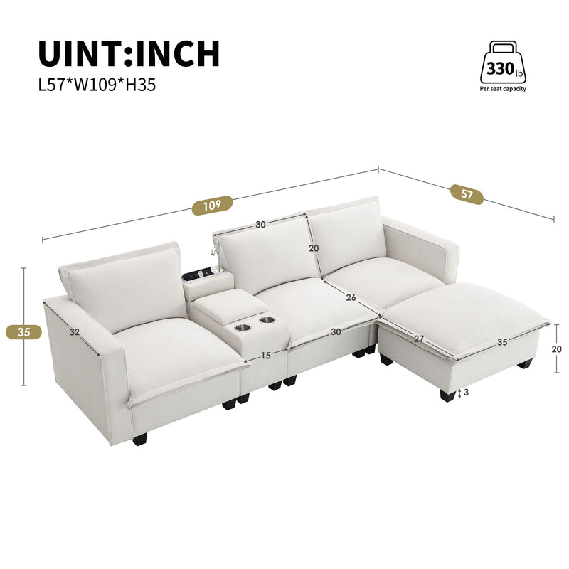 Modern Sectional Cloud Sofa With Console, USB Charging Port, Reading Light, Cup Holder, 4 Seat Chenille Modular Couch, Storable Indoor Funiture For Living Room, Apartment