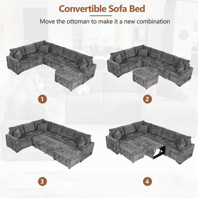 Sectional Sofa Pull-Out Sofa Bed Sleeper With A Storage Ottoman, Three Pillows And Charging Devices For Living Room