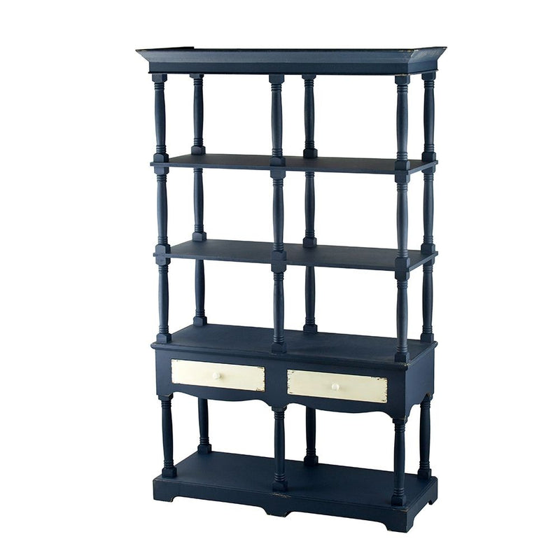 Four Tiered Wooden Shelf With Two Drawers, Farmhouse Wood Bookcase Display Storage Shelf Etageres - Antique Navy Blue