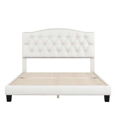 Queen Upholstered Platform Bed With Saddle Curved Headboard And Diamond Tufted Details - Beige