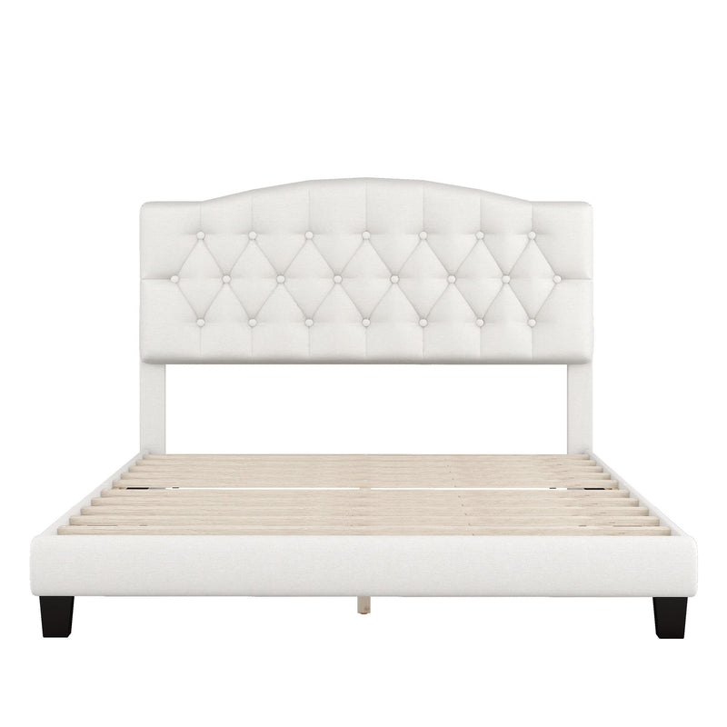 Queen Upholstered Platform Bed With Saddle Curved Headboard And Diamond Tufted Details - Beige