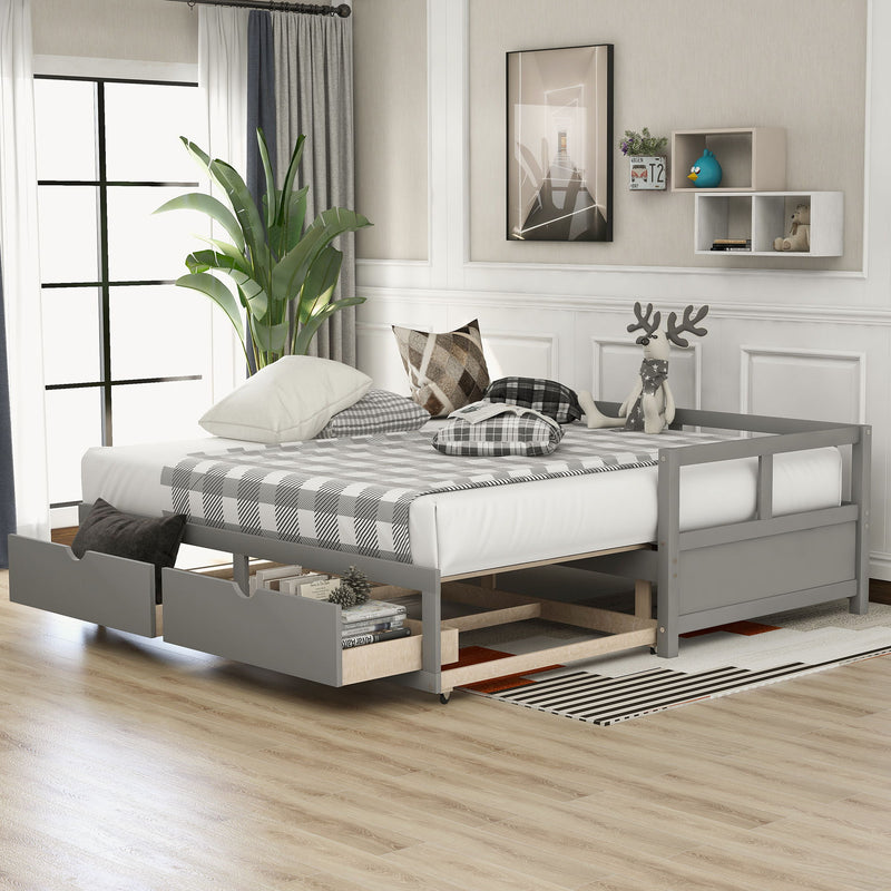 Wooden Daybed With Trundle Bed And Two Storage Drawers, Extendable Bed Daybed, Sofa Bed For Bedroom Living Room