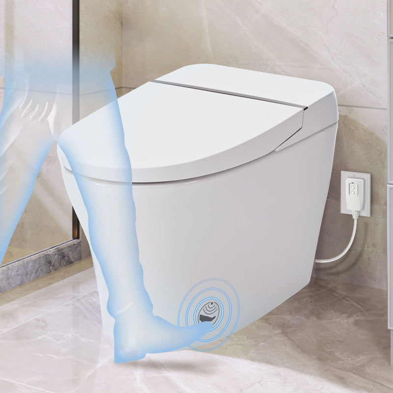 Smart Toilet Bidet Combo With Self-Cleaning Nozzle, Upmarket Compact Dual Flush Toilet 1 / 1.28 Gpf, Tank Less Toilet With Foot Sensor Flush - White Night Light