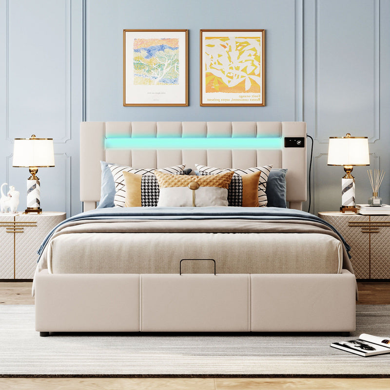 Queen Size Upholstered Bed With Led Light - Bluetooth Player And USB Charging, Hydraulic Storage Bed