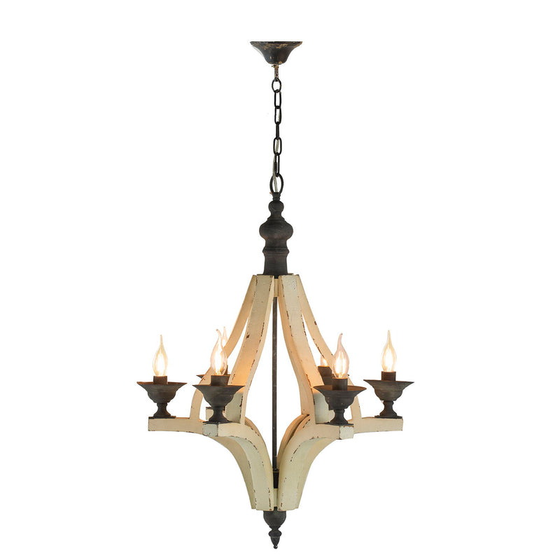 6 Light Wood Chandelier, Hanging Light Fixture With Adjustable Chain For Kitchen Dining Room Foyer Entryway, Bulb Not Included - Cream