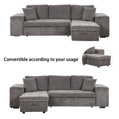 Modern L-Shape 3 Seat Reversible Sectional Couch, Pull Out Sleeper Sofa With Storage Chaise And 2 Stools For Living Room Furniture Set