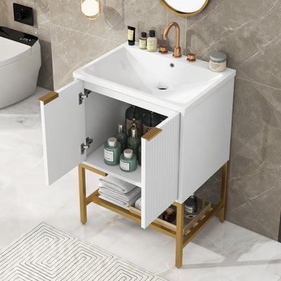 Bathroom Vanity With Sink, Bathroom Vanity Cabinet With Two Doors And Metal Frame, Open Storage Shelf - White / Gold