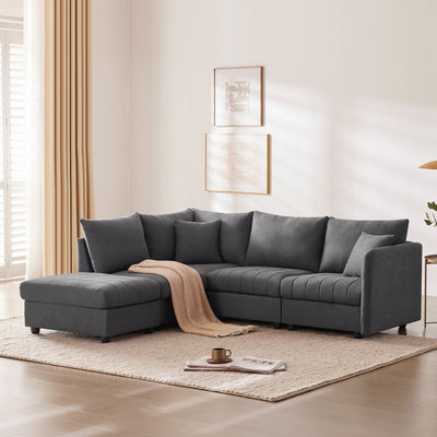 Modern Sectional Sofa With Vertical Stripes, 2 Pillows, 5 Seat Couch With Convertible Ottoman, Various Combinations, L-Shape Indoor Furniture For Living Room