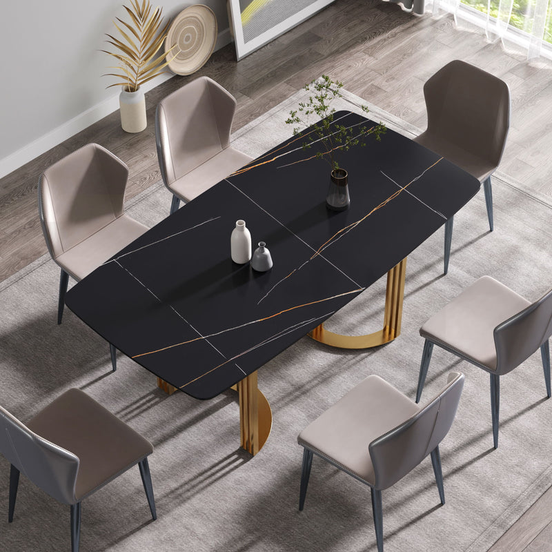 70.87" Modern Artificial Stone Black Curved Metal Leg Dining Table, Can Accommodate 6-8 People - Black / Gold