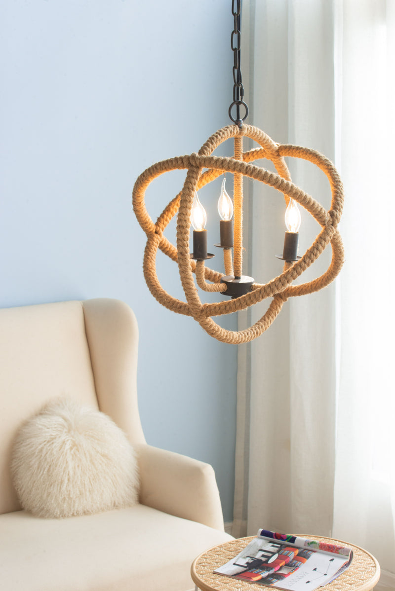 3 Light Farmhouse Chandelier, Rope Chandelier Globe Hanging Light Fixture With With Adjustable Chain For Kitchen Dining Room Foyer Entryway, Bulb Not Included - Beige Brown