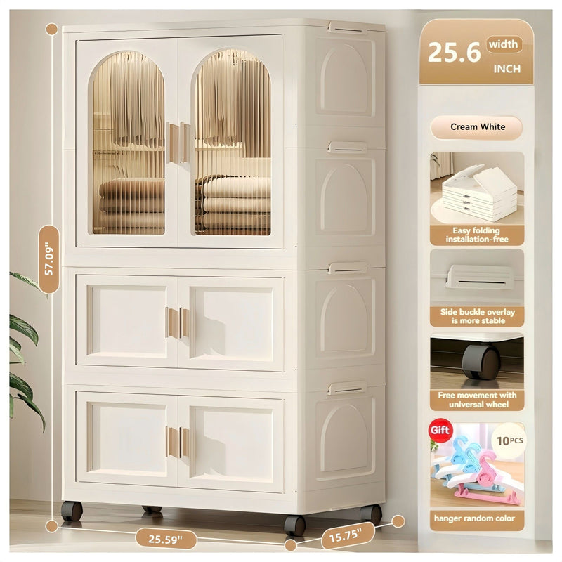 25.59" Side Wide Folding Wardrobe, 25.59" ×15.75" ×57.09" , With Magnetic Door, Plastic Storage Cabinet With Wheels ( One Layer Of Wardrobe + Two Layers Of Folding Boxes + 10 Hangers ) - Cream White