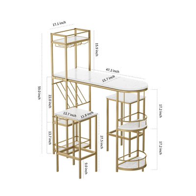 3 Piece Bar Table And Chairs Set, Modern Kitchen Bar Height Dining Table Wood Breakfast Pub Table With Base With Shelves, Glass Rack, Wine Bottle Rack, With 2 Bar Stools - White / Gold