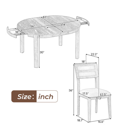 Multifunctional Dining Table Set, Farmhouse Dining Set With Extendable Round Table, Two Small Drawers And 4 Upholstered Dining Chairs For Kitchen And Dining Room