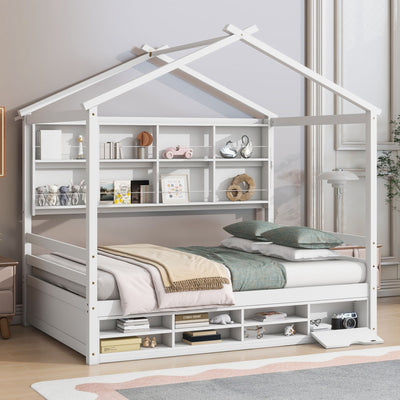 House Bed With Roof Frame, Bedside-Shelves, Under Bed Storage Unit