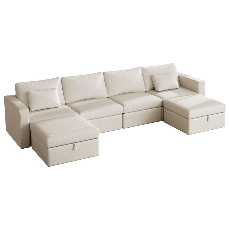 Modern Cotton Linen Modular Sectional Sofa, U Shape Convertible Sofa Set With Pillows, Oversized Sectional Couches With Storage Ottomans For Living Room, Loft, Apartment, Office 6 Seats