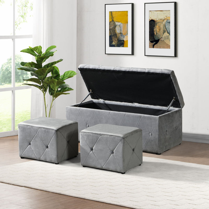 3 Piece Rectangular Storage Ottoman Short Velvet With 2 Set Ottomans