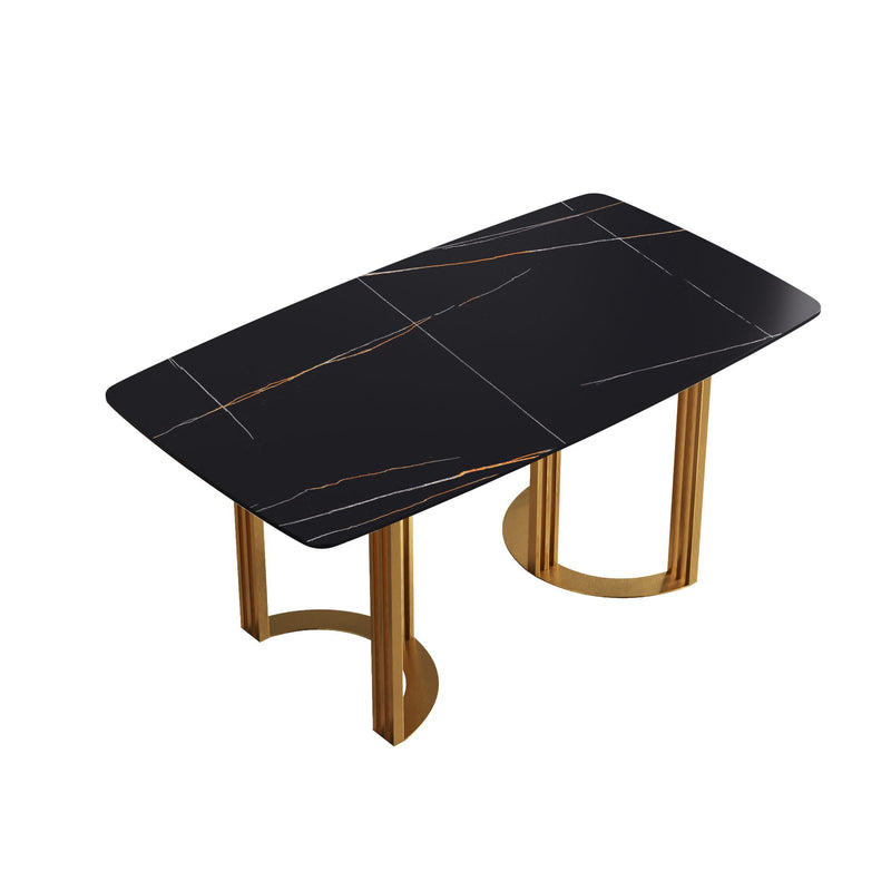 63" Modern Artificial Stone Curved Golden Metal Leg Dining Table, 6 People - Black / Gold