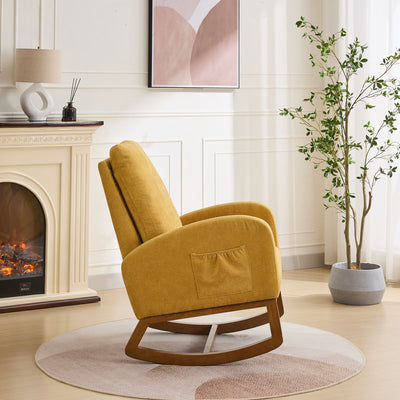 Rocking Chair For Nursery, Polyester Glider Chair With High Back And Side Pocket, Rocking Accent Armchair With Rubber Wood Legs For Living Room / Bedroom