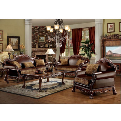 Dresden - Loveseat - Brown PU & Chenille, Cherry Oak - Grand Furniture GA