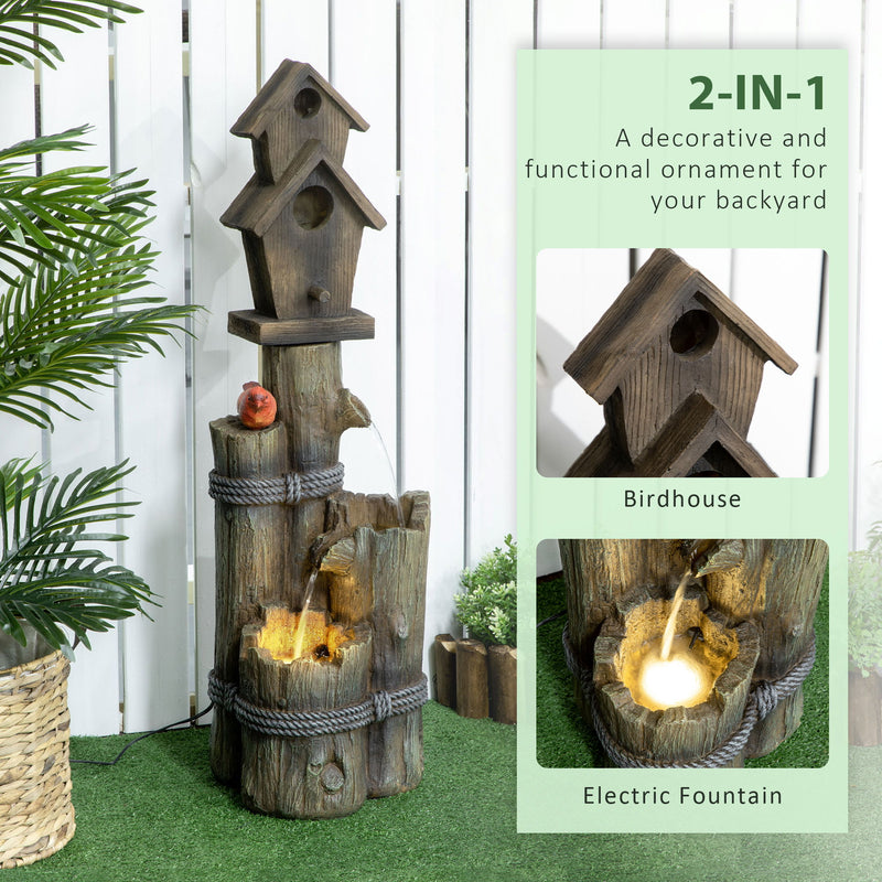 Outsunny - Outdoor Fountain With Birdhouse, Cascading Garden Waterfall Bird Bath With 3 Tier Rustic Tree Trunk / Log Design, LED Lights For Porch, Deck, Yard Decor - Brown