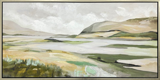 "Serene Landscape" Hand-Embellished Canvas In Frame - Muted Greens / Soft Earth Tones