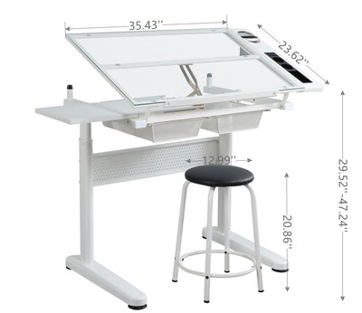 38.18" Hand Crank Adjustable Drafting Table Drawing Desk With 2 Metal Drawers With Stool