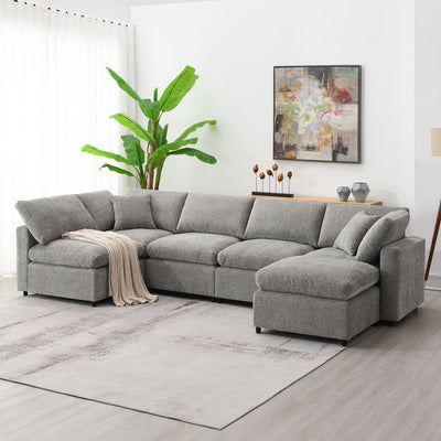 Modern Modular Cloud Sofa Bed, 6 Seat Chenille Sectional Couch Set With Ottoman, Free Combination, Convertible U Shaped Sleeper Sofa For Living Room