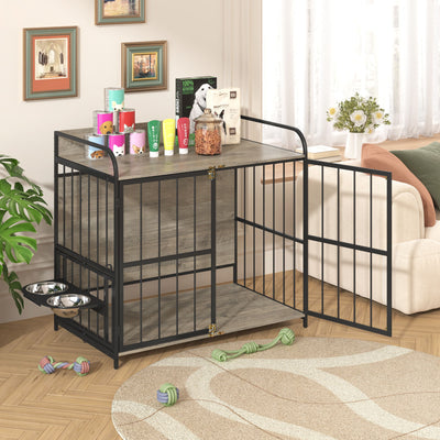 Indoor Metal Dog Crate With Double Doors, Wooden Side End Table Crate, Dog Crate Furniture With Adjustable Feeder Stand, For Medium Dog - Gray