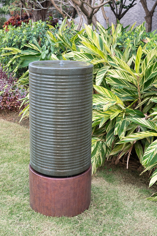 Tall Large Round Ribbed Tower Water Fountain, Verge Bronze, Cement Outdoor Bird Feeder / Bath Fountain