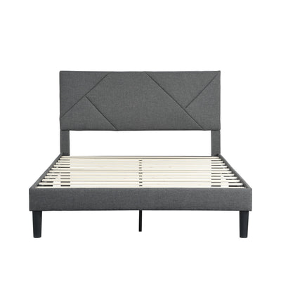 Queen Size Upholstered Platform Bed Frame With Headboard, Strong Wood Slat Support, Mattress Foundation, No Box Spring Needed - Dark Gray