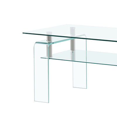 Rectangle Clear Glass Coffee Table, Modern Glass Coffee Table For Living Room, 2 Tier Storage Center Coffee Table, Tempered Glass Tea Table - Transparent