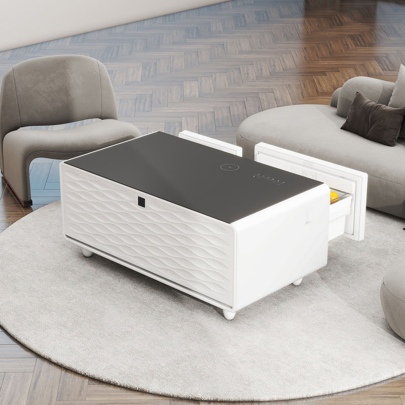 Modern Smart Coffee Table With Built-In Fridge - Bluetooth Speaker, Wireless Charging, Touch Control Panel, USB Interface, Outlet Protection, Atmosphere Light