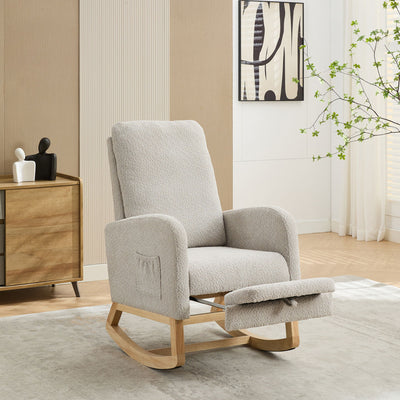 Rocking Chair For Nursery, High Back Glider Chair With Retractable Footrest, Side Pocket, Rocking Accent Armchair With Rubber Wood Legs For Living Room / Bedroom