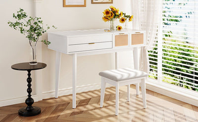 Classic Wood Makeup Vanity Set With Flip-Top Mirror And Stool, Dressing Table With Three Drawers And Storage Space