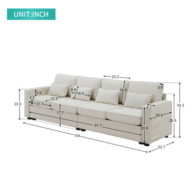 4 Seater Modern Linen Sofa With Armrest Pockets And 4 Pillows, Minimalist Style Couch For Living Room