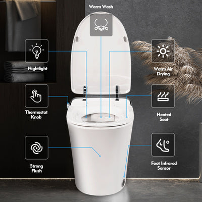 Luxury Smart Toilet With Dryer And Warm Water, Elongated Bidet Toilet With Heated Seat, With Remote Control, Led Night Light, Power Outage Flushing, Soft Close Cover - White