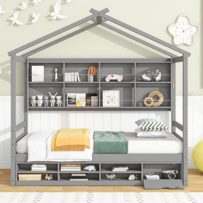 House Bed With Roof Frame, Bedside-Shelves, Under Bed Storage Unit