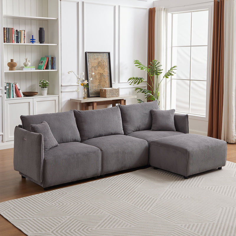 Multi-Module Combination Style Sofa For Living Room, Bedroom And Other Lounge Spaces, Modern Minimalist Corduroy Combination Sofa With 2 Comfort Cushions With USB & C Charging Ports