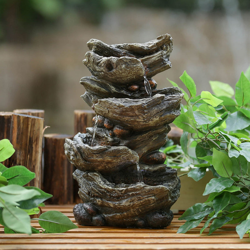 Indoor Brown Wood-Look Water Fountain, 4 Tier Polyresin Cascading Wood Tabletop Fountain With LED Light - Rustic Brown