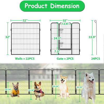 Dog Pens Outdoo Height Foldable 24 Panels Heavy Duty Metal Portable Dog Playpen Indoor Anti Rust Exercise Dog Fence With Doors For Pets Play Pen For RV Camping Yard - Black