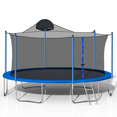 14Ft Trampoline For Adults & Kids With Basketball Hoop, Outdoor Trampolines With Ladder And Safety Enclosure Net For Kids And Adults, Double-Side Color Cover - Blue