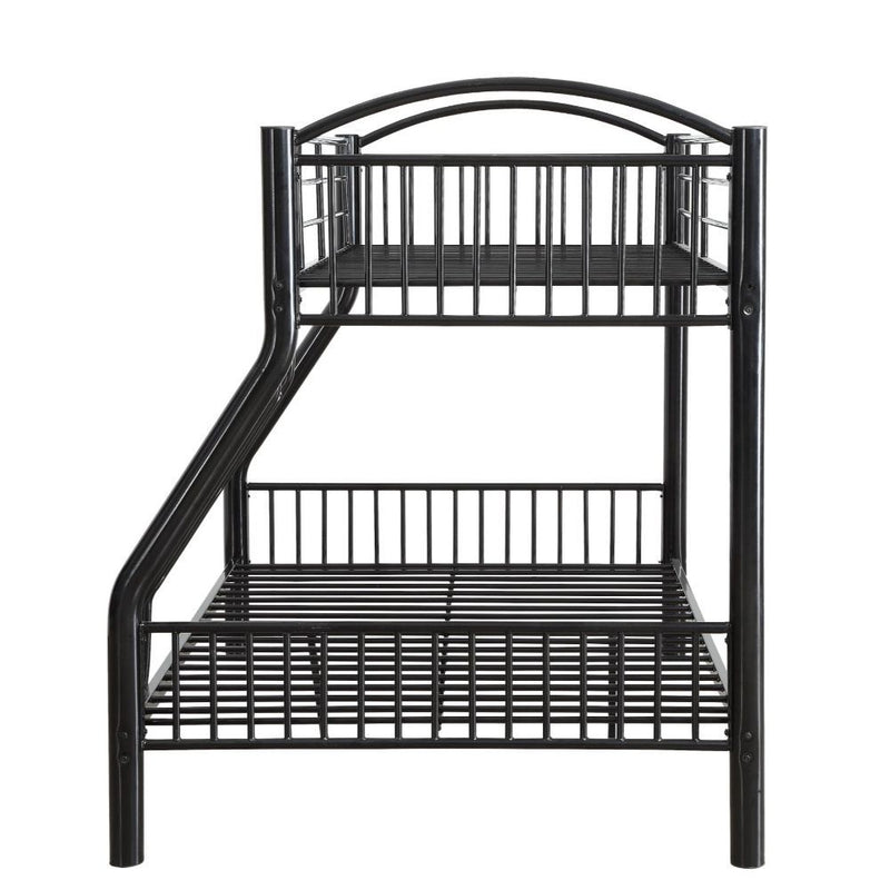 The Cayelynn bunk bed is a great way to free up space in a kids bedroom. It is a round metal tube design and features a built in ladder to the upper bed that also has a guardrail.