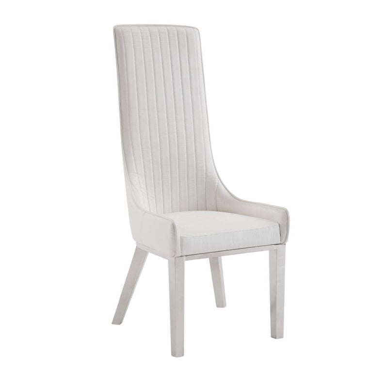 Dining Chair (High Back) • Stationary Seat: Standard Dining Height • Padded SEAT & BACK: PU () • Stainless Steel Apron Seat • Padded Backrest (Inside Channeled Pattern) • [sc] • Stainless Steel Square-Tapered Leg • Sloped Low Armrest: Padded