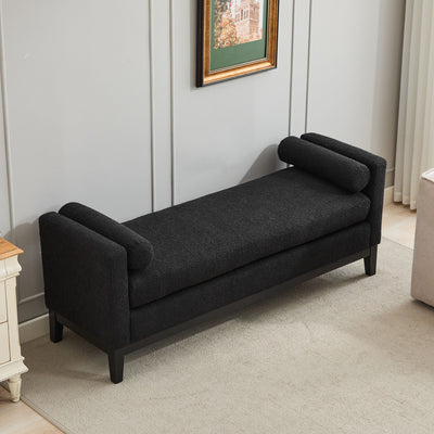 Elegant Upholstered Bench, Daybed, Ottoman With Wood Legs & 2 Bolster Pillows For End Of Bed, Bedroom, Living Room, Entryway