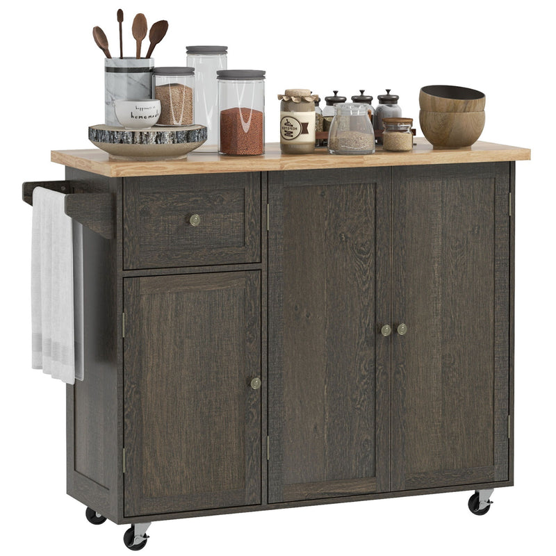 Homcom - Triple-Cabinet Rolling Kitchen Island On Wheels, Kitchen Cart With Storage Shelf Adjustment, Rolling Utility Cart With Wood Top, Towel Rack, Big Drawer - Distressed Brown