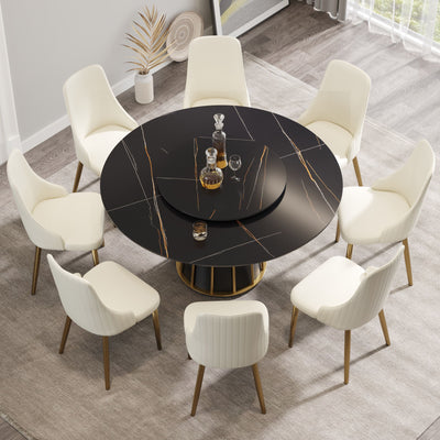 Modern Artificial Stone Round Metal Iron Base Dining Table, Can Accommodate 8 People Artificial Stone Turntable (Not Including Chairs) - Black