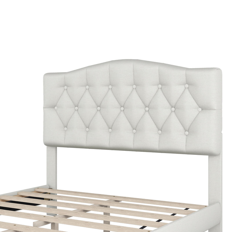 Full Upholstered Platform Bed With Saddle Curved Headboard And Diamond Tufted Details - Beige