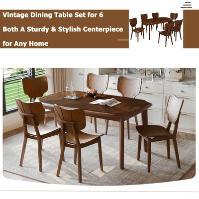 Topmax - 7 Piece Vintage Dining Table Set With 6 Dining Chairs, Kitchen Table Set For 6 With Curved Back And Seat