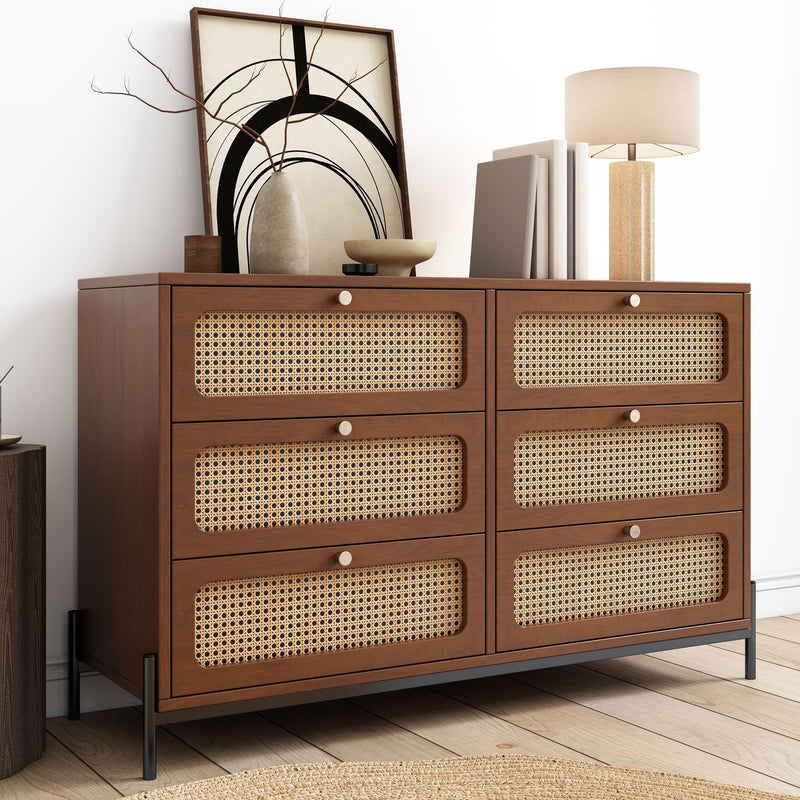 Modern Cannage Rattan Wood Closet 6 Drawer Dresser Wood Storage Cabinet Sideboard For Bedroom, Living Room, Entryway, Hallway